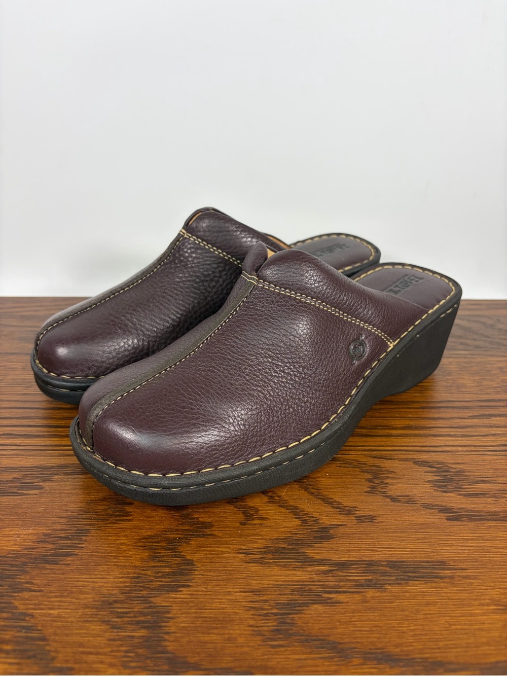 Born Leather Slide Moc Mules Brown Slip On Wedge Heel Comfort Shoes Size 10